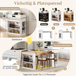 Kitchen Island with Wheels, Extendable Folding Tabletop, Power Strips & Hooks - White