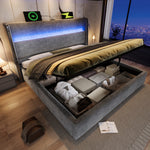 Hydraulic Double Bed 160x200 with LED, Storage & USB, Grey Linen