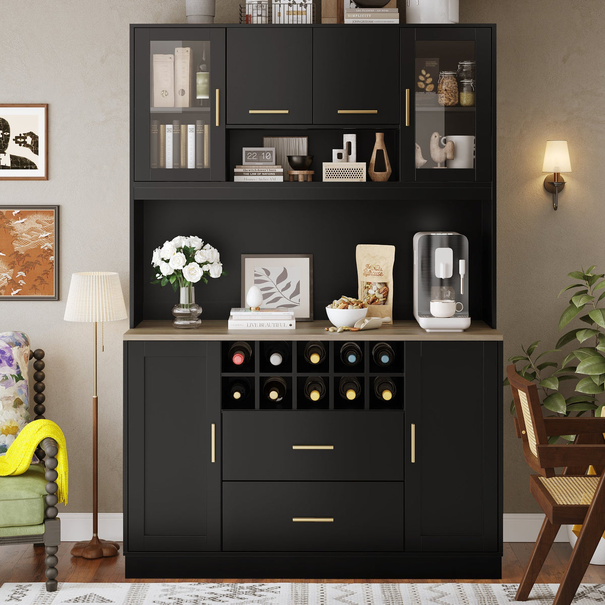 Sideboard with LED Lighting and Power Socket, 6 Doors and 2 Drawers, Black and Gold