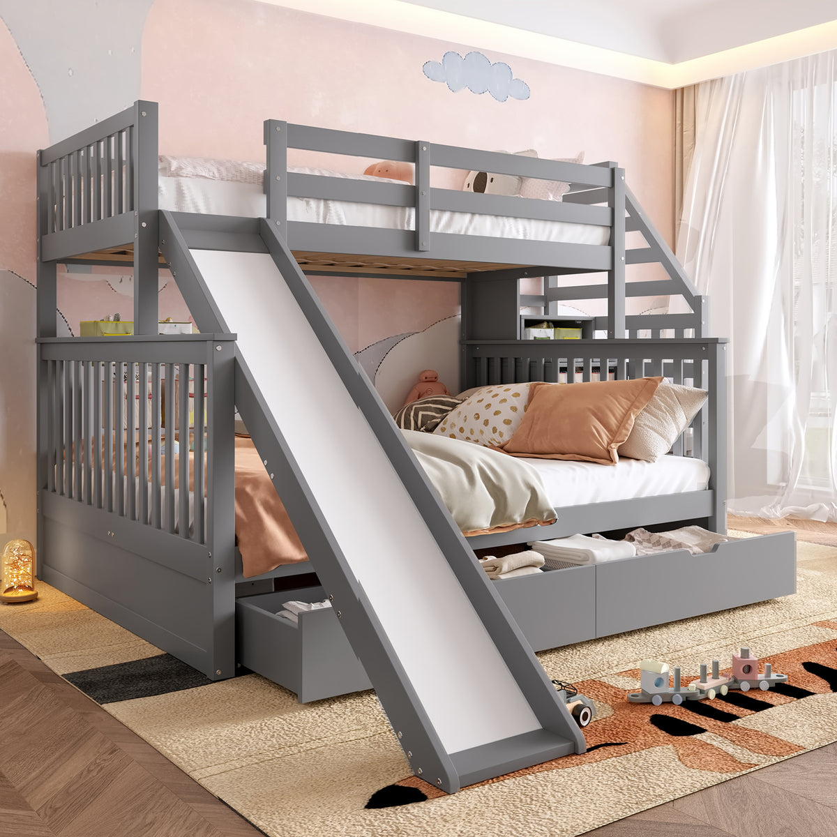 Bunk Bed with Drawers & Slide, 90x200/140x200, Grey