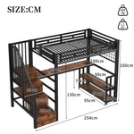 Loft Bed 90x200cm with Desk, LED & Storage, Black Metal