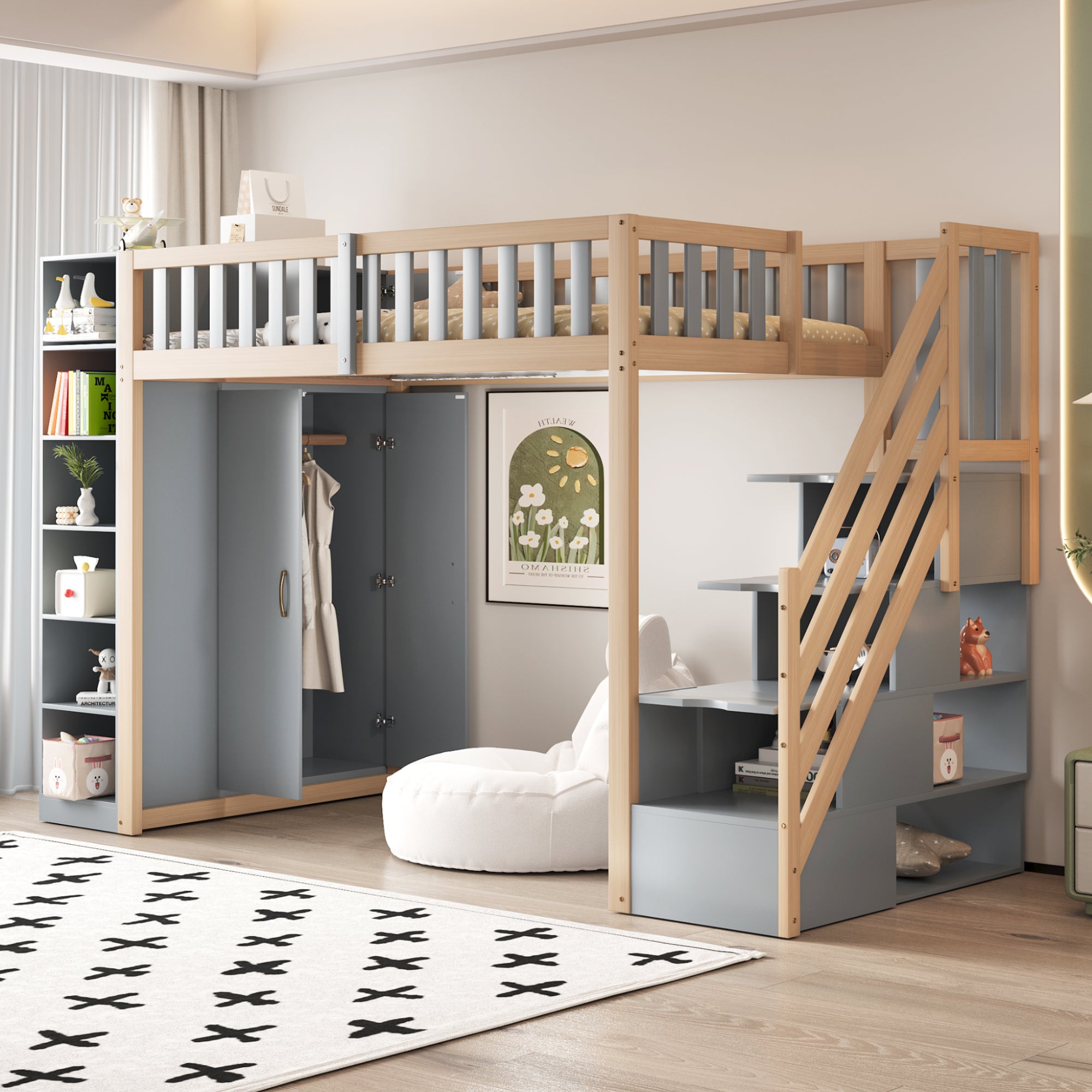 Loft Bed, Multifunctional with Shelves, Storage & Wardrobe, Grey + Raw Wood