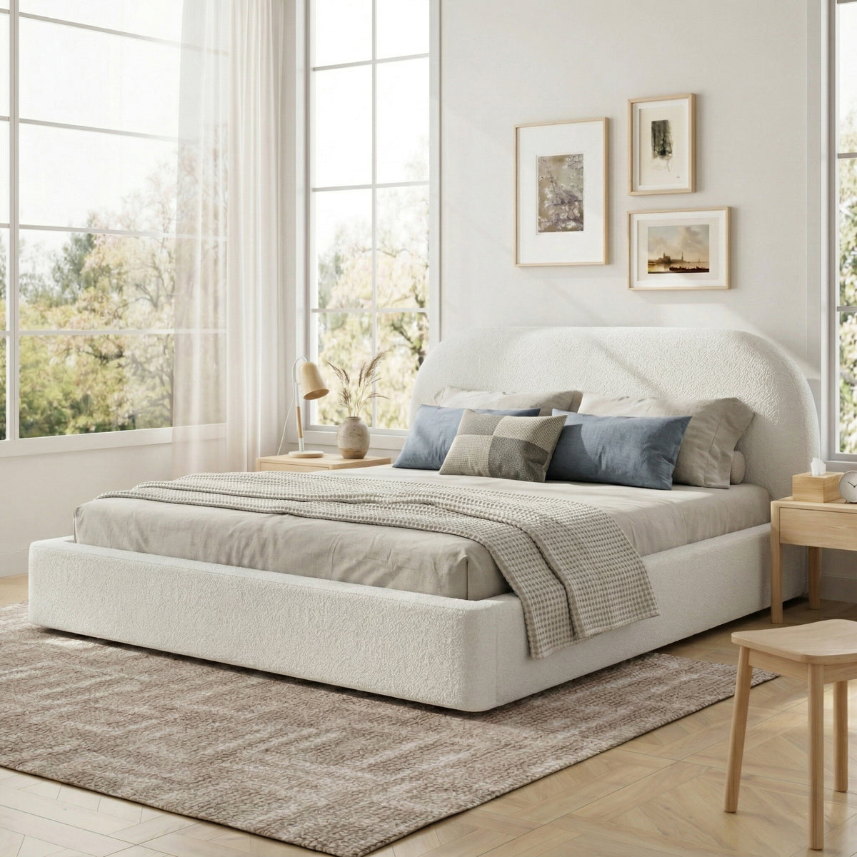 Upholstered Double Bed 180x200cm Slatted Base, Beige Bouclé