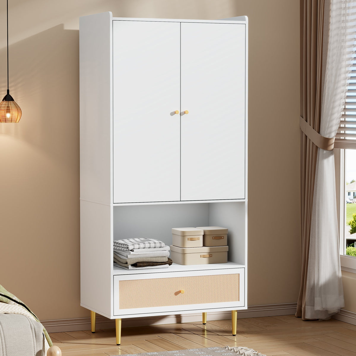 Wardrobe with 2 Doors, Rattan Drawer and Clothes Rail, White
