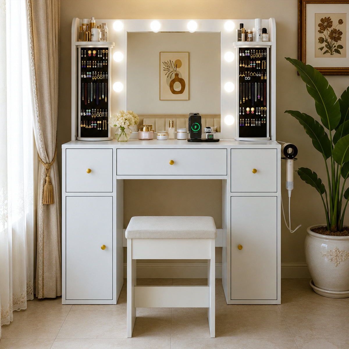 LED Vanity Table with Mirror & Storage Drawers, White