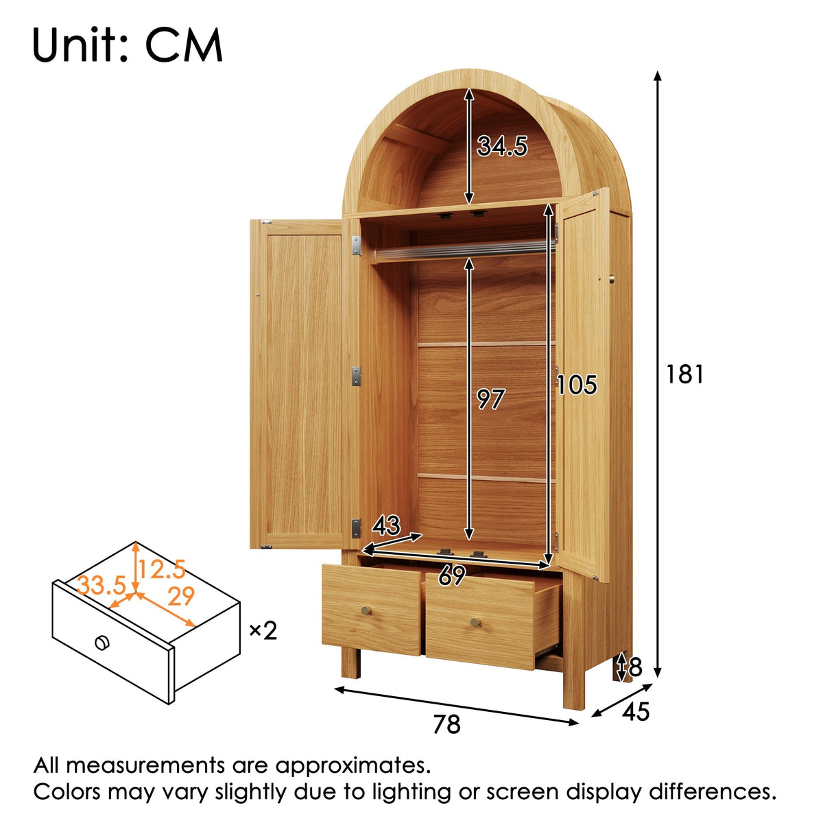 Wardrobe with Rattan Weave and 2 Doors, 181x78x45 cm, Oak Look