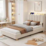 Upholstered Single Bed 90x200cm with USB & Lamp, Beige Velvet
