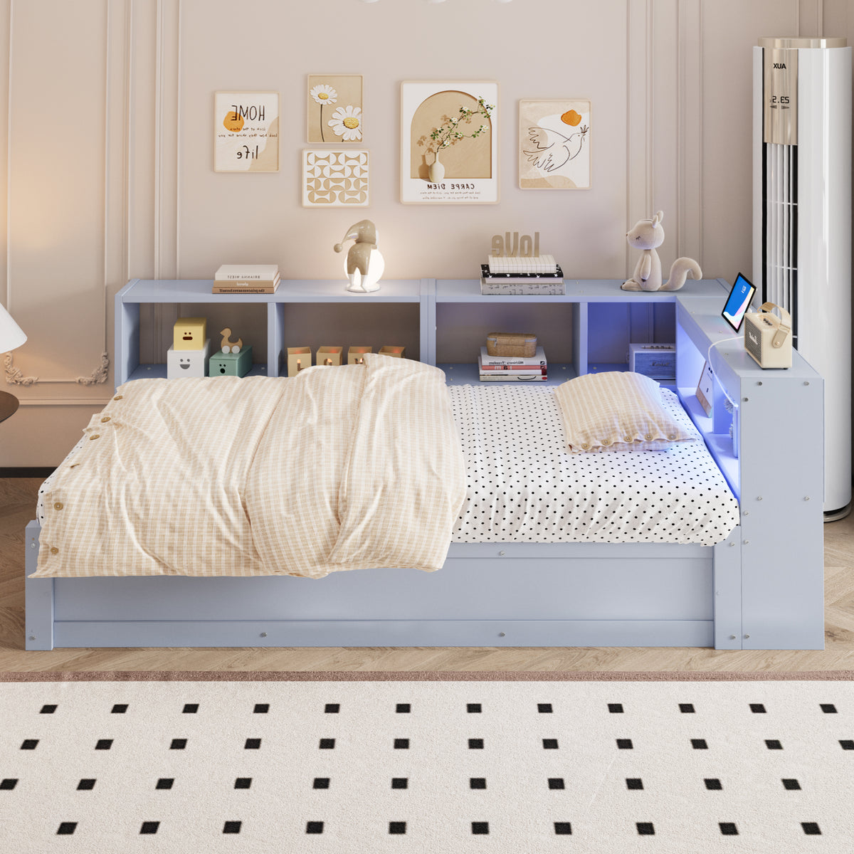 Sofa Bed 90x200cm with Storage, Socket & LED, Grey Wood