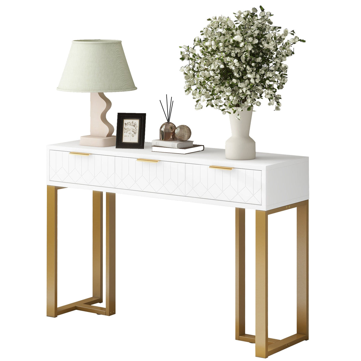 Modern Console Table - Drawers, Adjustable Foot Pads, Elegant Handles - White & Gold