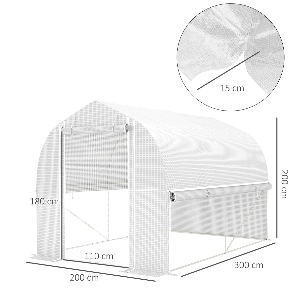 Greenhouse Polytunnel, 3x2x2m, 4 Windows & Door, White