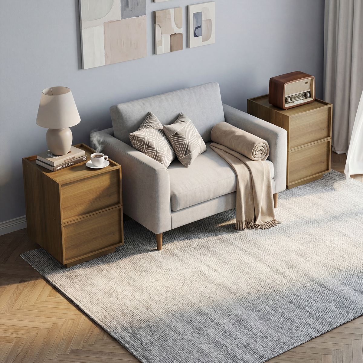 Modern Oak Bedside Table, 2 Pieces, 38 x 48 x 50 cm with Handleless Drawers, Oak Wood