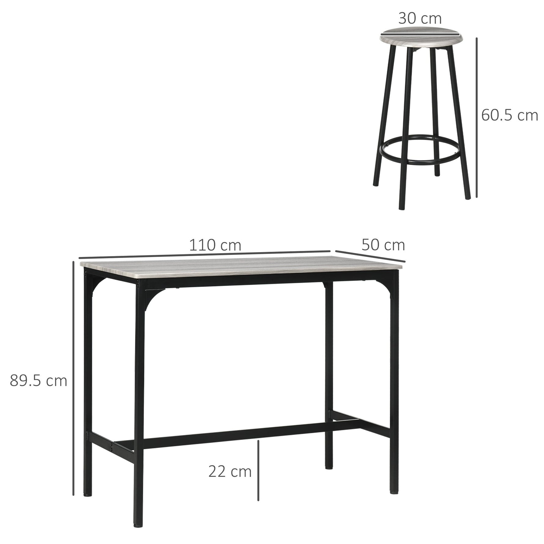 Bar Table with Stool Set, 5-Piece Industrial Design, Metal, Gray