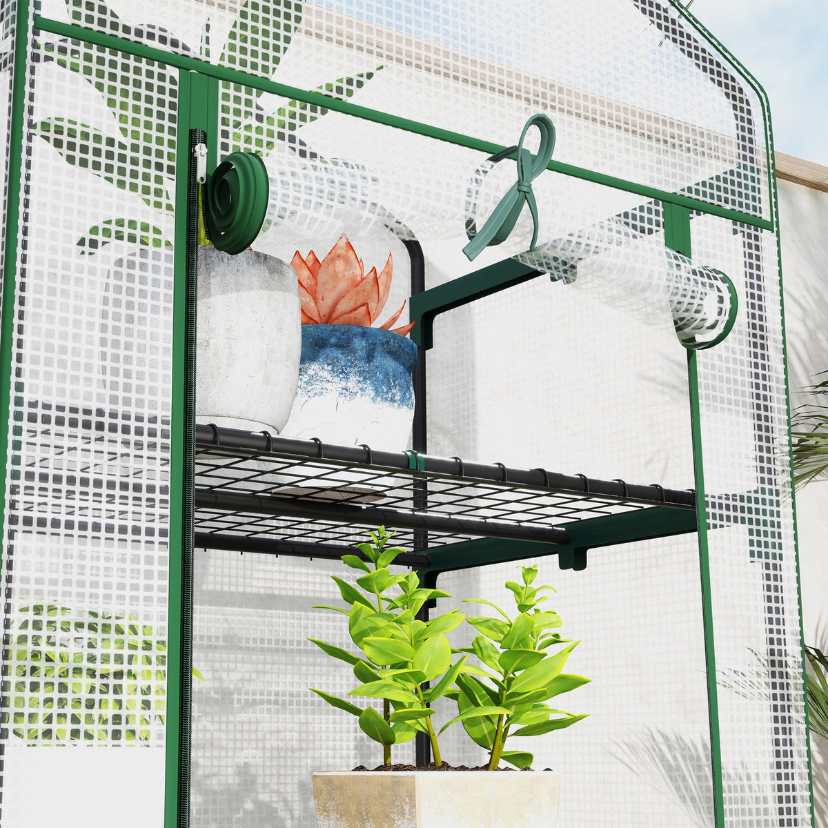 Greenhouse with Roll-Up Door and Shelves, Winter-Proof Steel Film, White