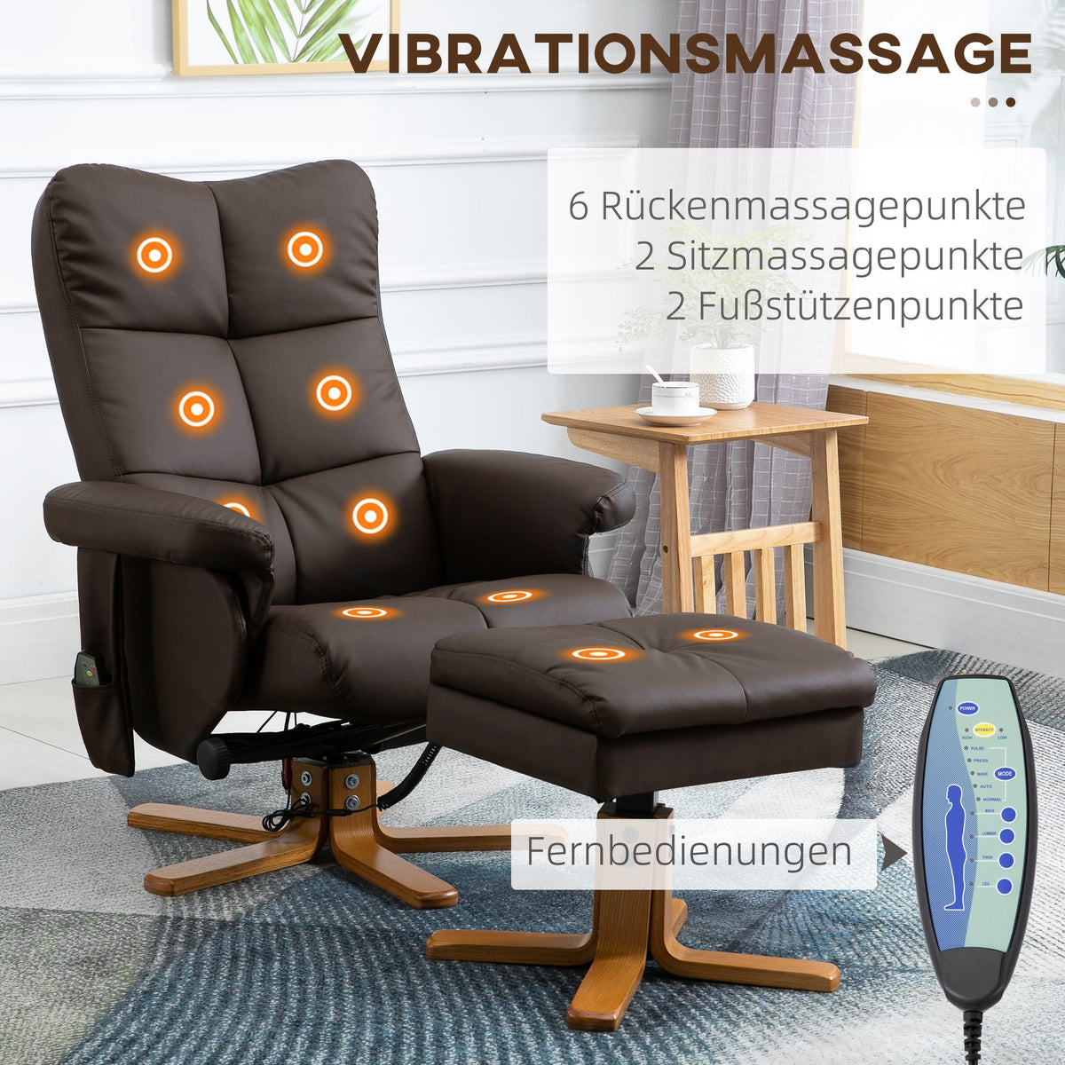 Recliner Chair, Massage TV with Footstool 145° Tilt, 10 Vibration Points, Faux Leather Brown
