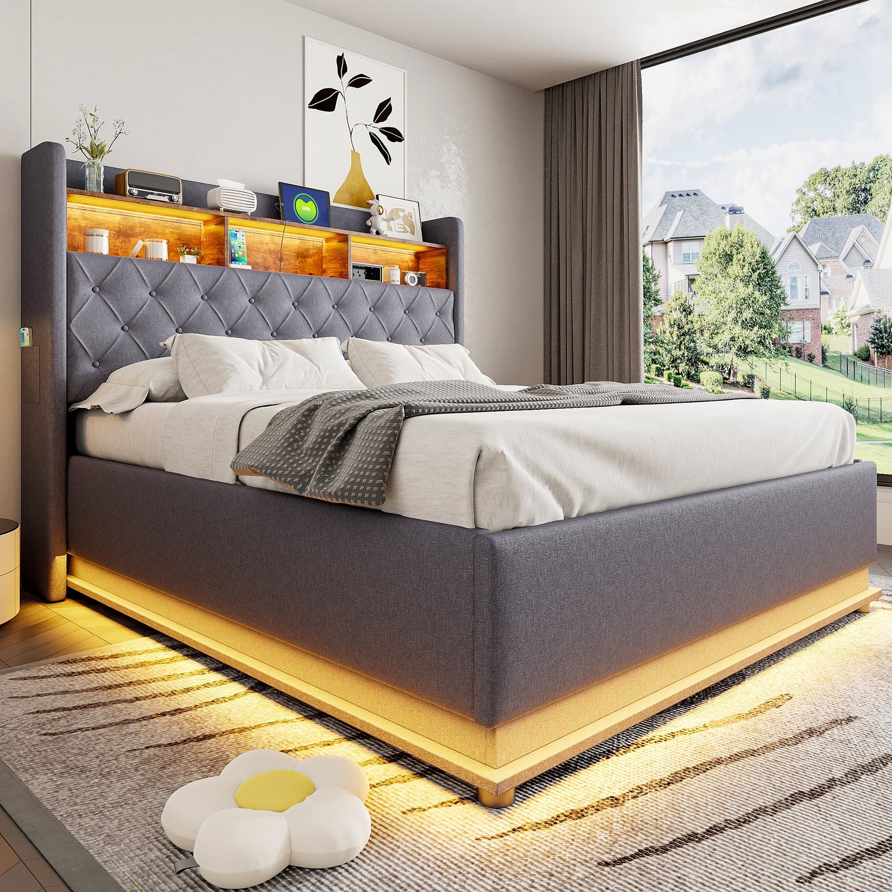 LED Upholstered Bed, 160x200cm, USB Charging, Hydraulic Storage, Linen Fabric, Grey