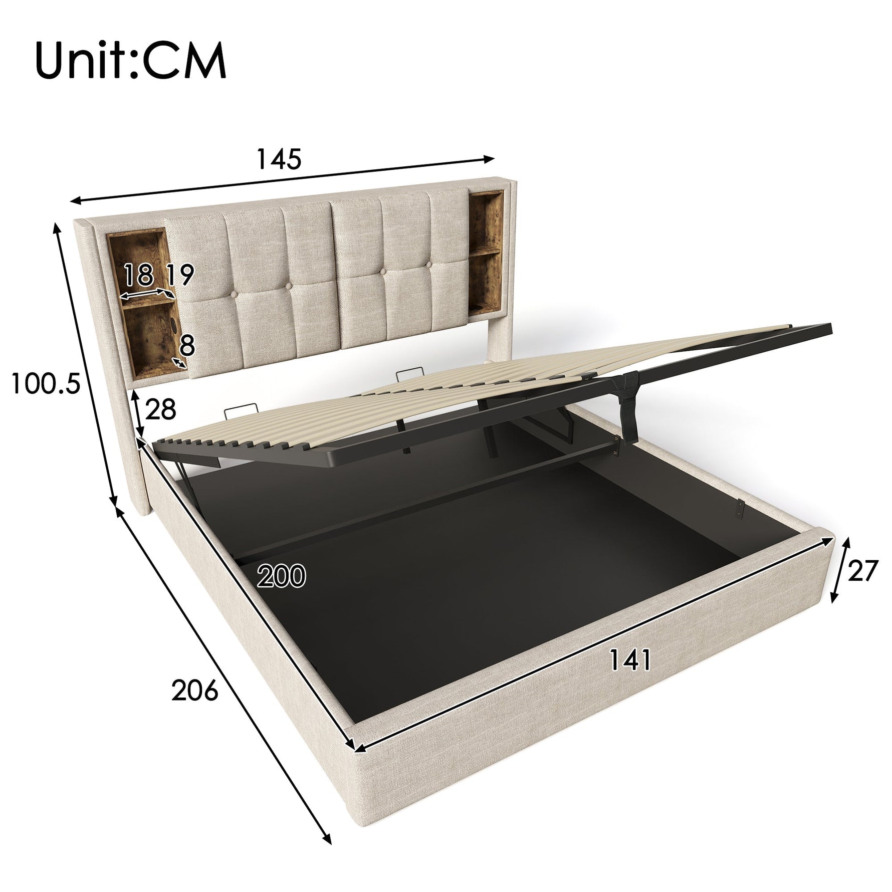 Double Bed, Wireless Charging USB C, Storage, 140x200cm, Wood-Natural Linen