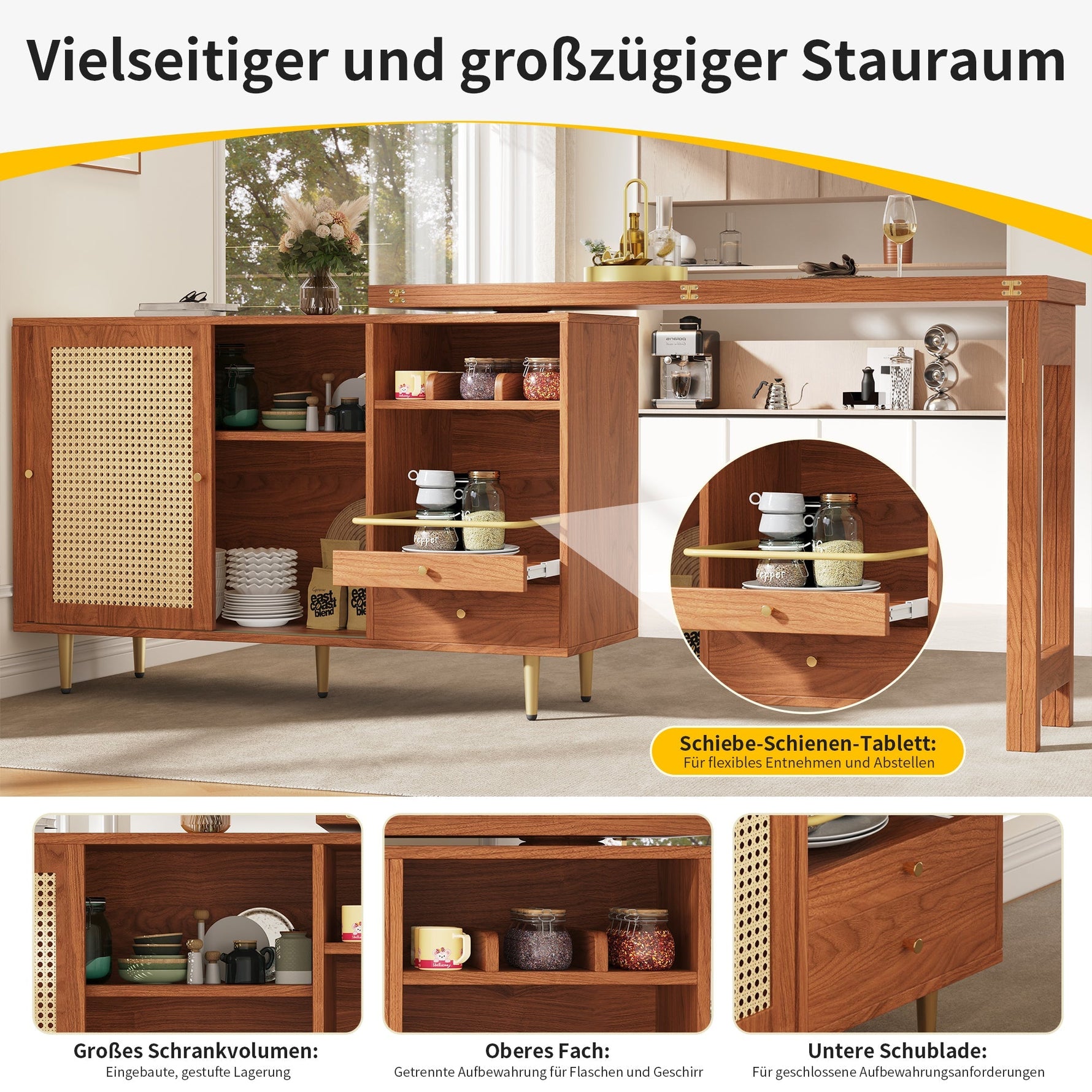 360° Rotating Bar Table Extendable Storage Rattan Door Brown