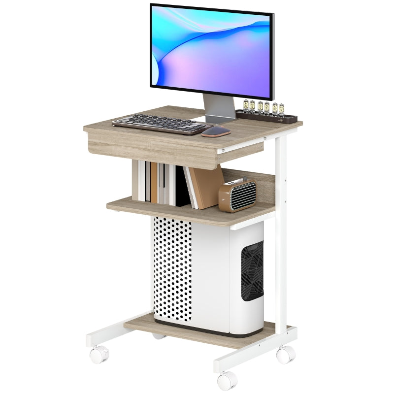 Rolling Desk with Drawer, Shelves, 4 Wheels, Chipboard & Metal