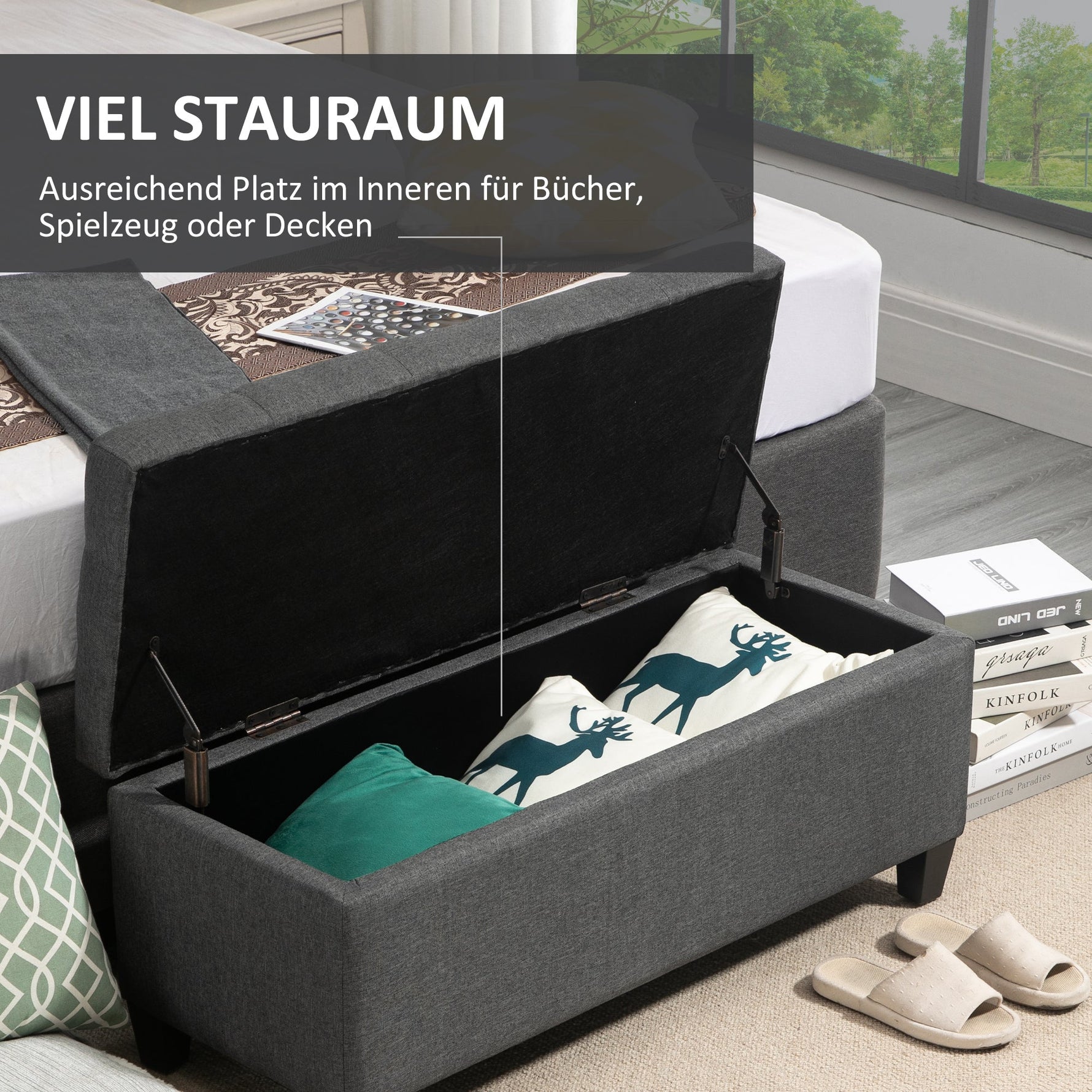 Upholstered Bench with Storage Space 100x40x44 cm, Dark Grey Polyester/Rubberwood