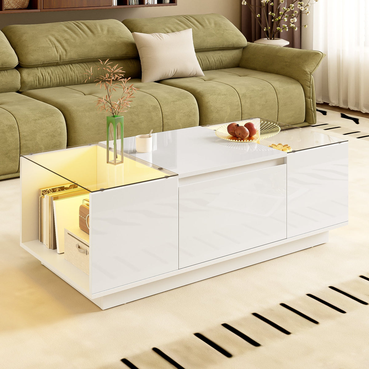 Coffee Table Modern Minimalist 105cm, Storage, LED, Glass Top, 2 Drawers