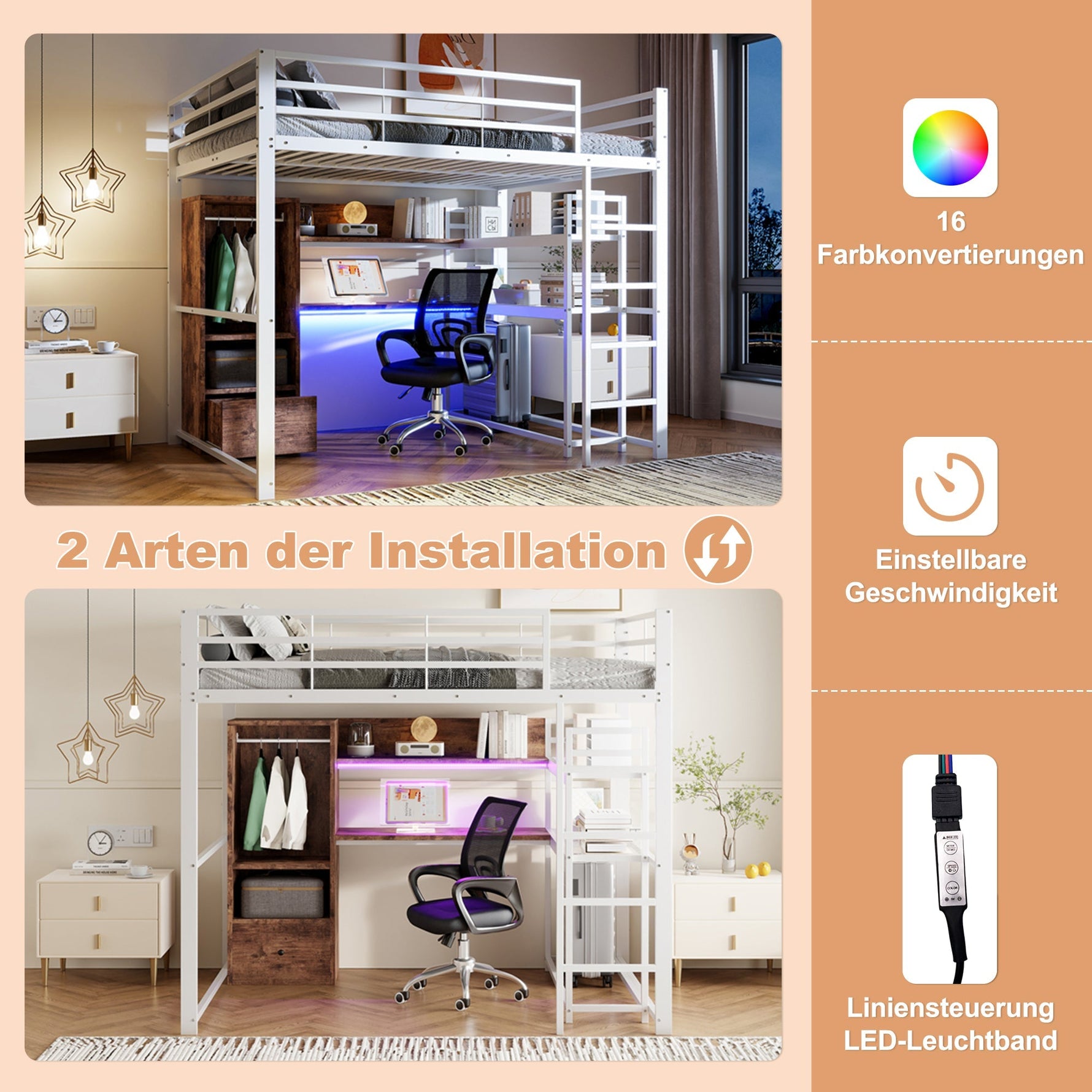 Loft Bed 140x200cm with LED Lights Desk Drawer Shelves Stairs Metal White