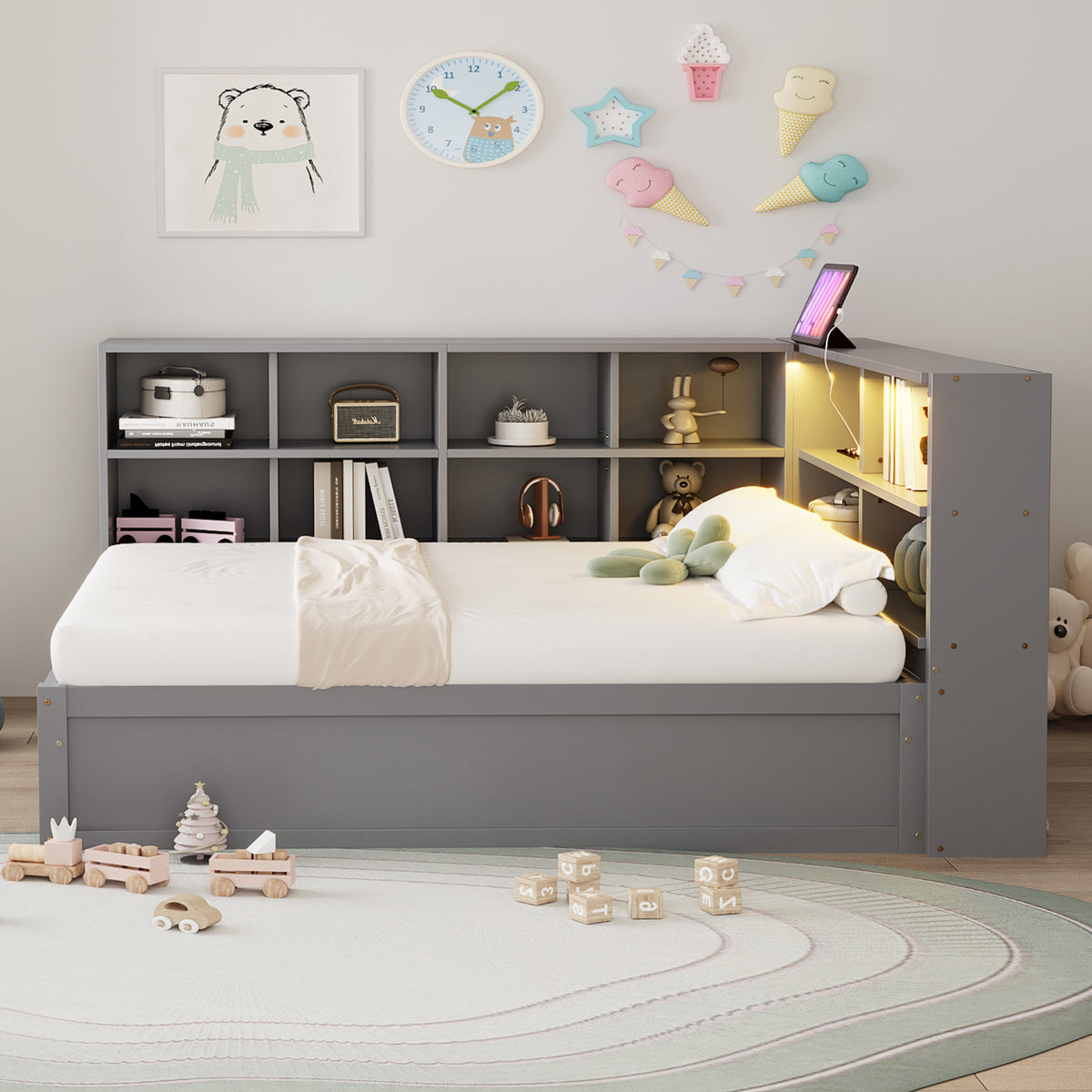 Multifunctional Sofa Bed 90x200 with Storage & Light Strip, Grey