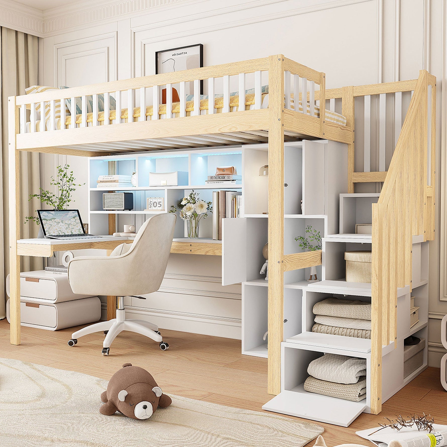 Loft Bed with LED Lights, Desk, Shelves and Storage Ladder, 90x200cm, White and Natural Wood