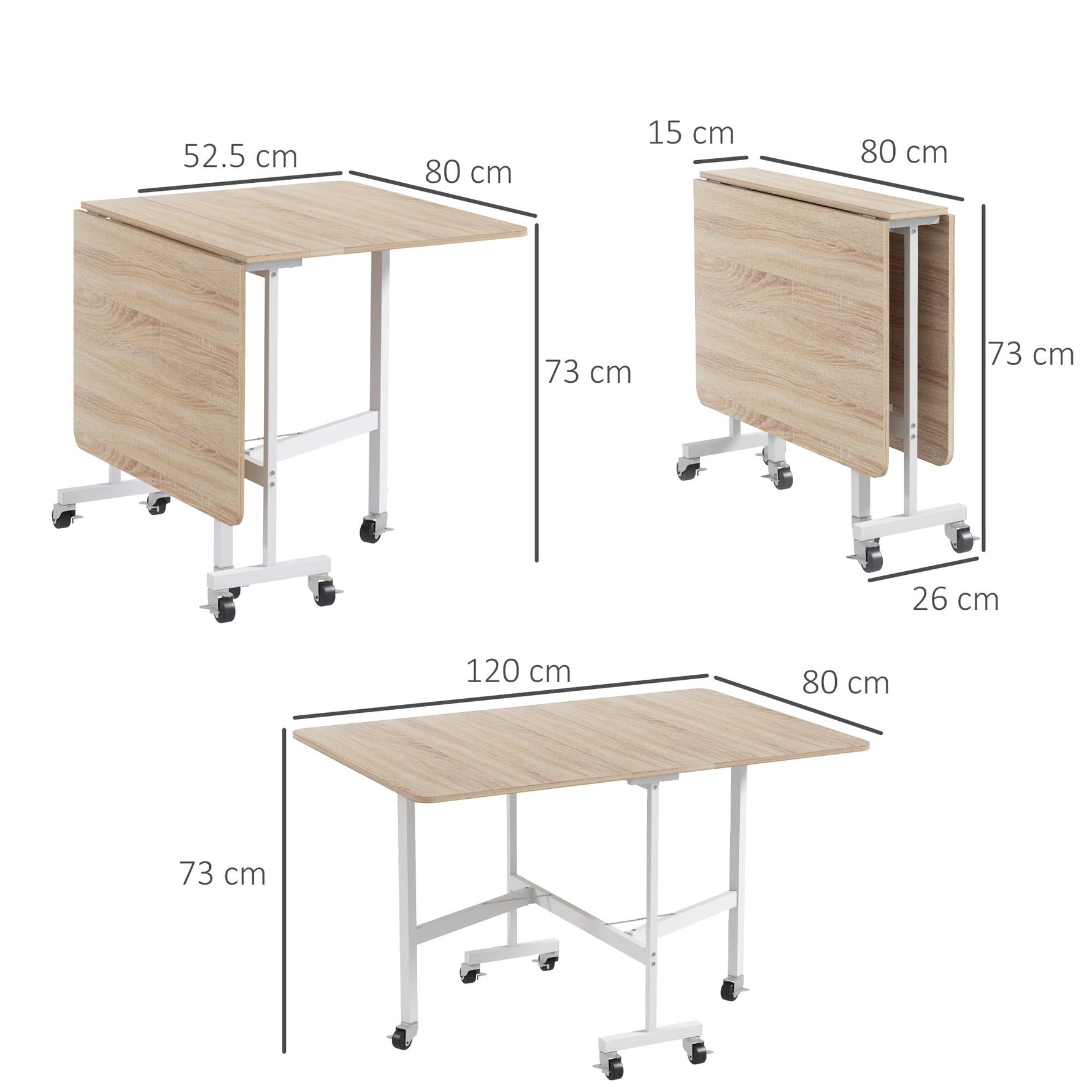 Dining Table for 4-6 People, Foldable with Wheels, Steel Frame, Oak