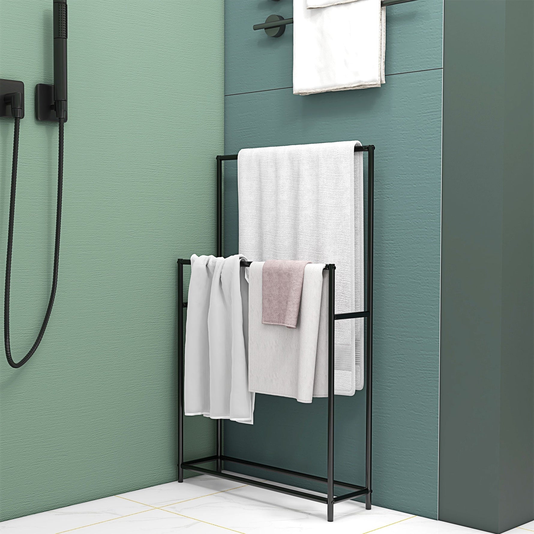 Towel Rail, Freestanding with 2 Rails, Metal, Black