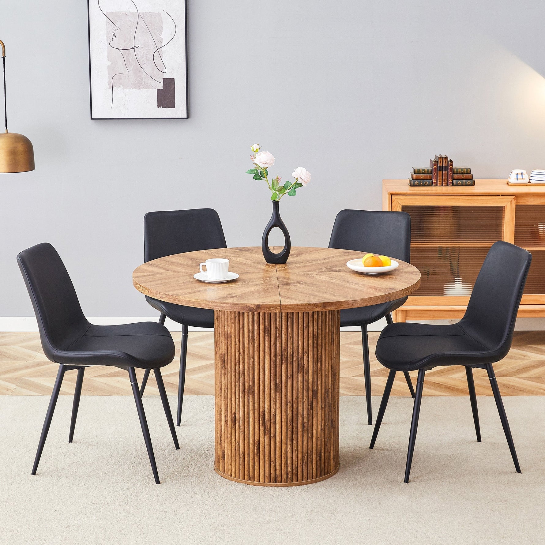 Round Dining Set 100cm Table 4 Faux Leather Chairs - Wood Look/Black