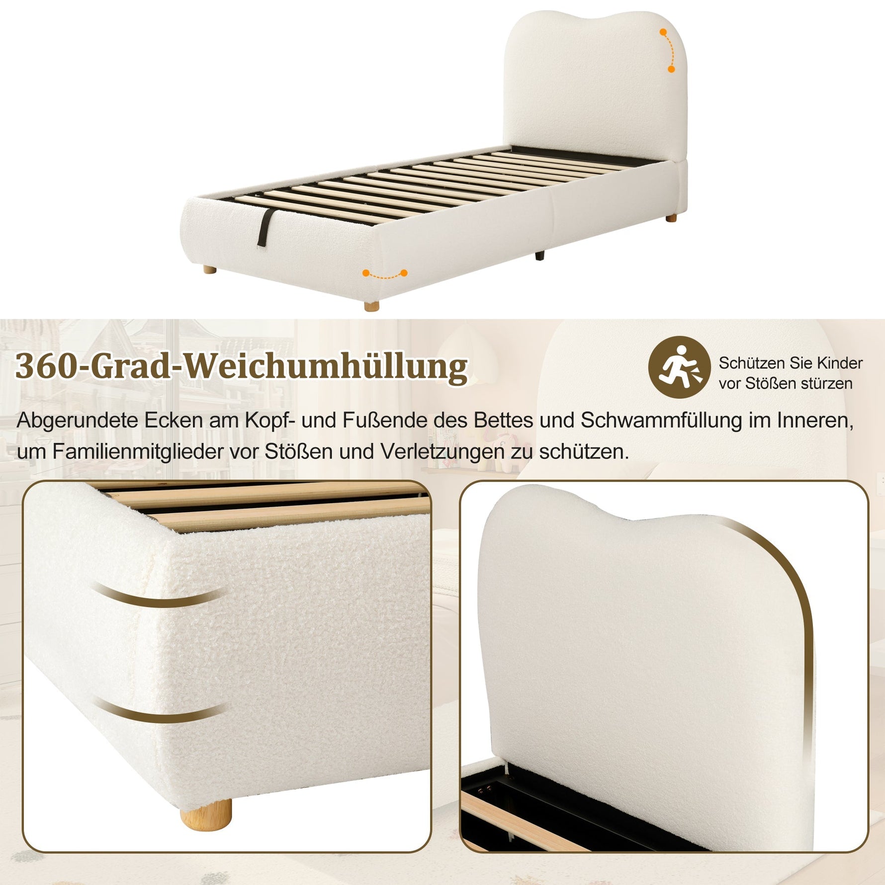 Upholstered Children's Single Bed with Hydraulic Storage and Slatted Frame, 90x200cm, Beige Bouclé