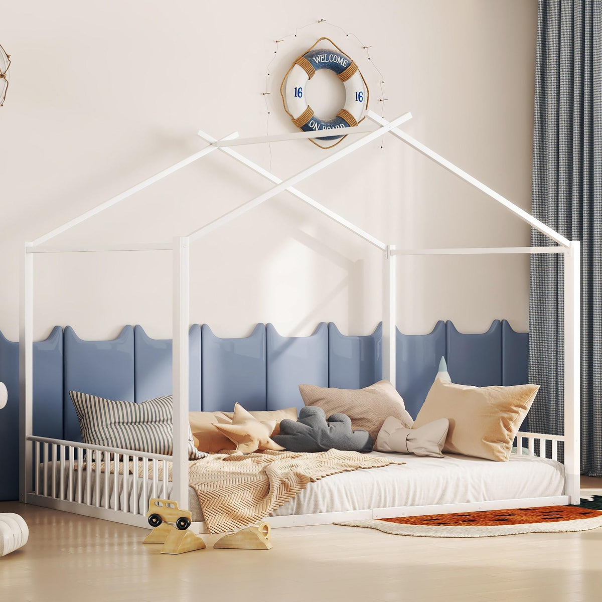 Upholstered Bed 140x200cm Iron Frame House Design - White