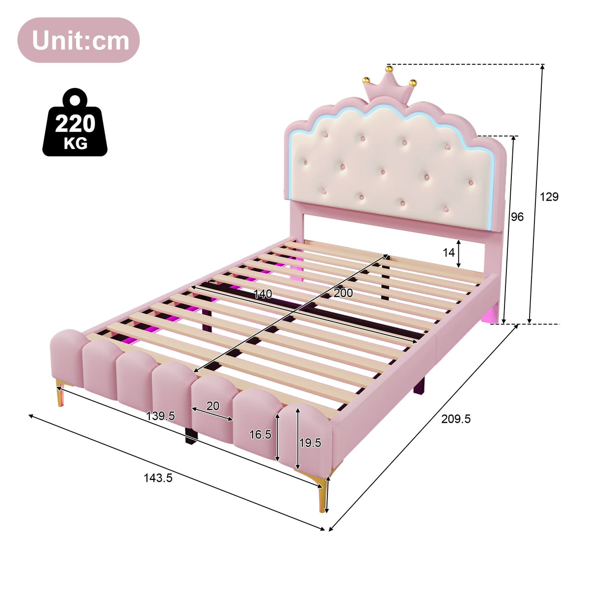 Upholstered Bed 140x200cm Princess Shape Ambient Light PU Pink