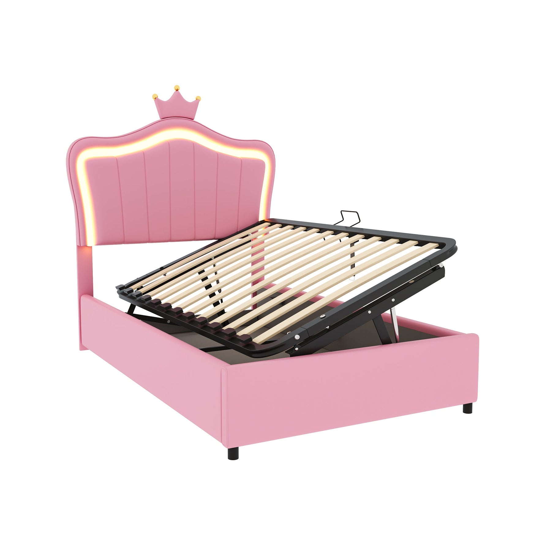 N623P171461H Upholstered Children's Bed Seashell Headboard LED Storage White/Pink Faux Leather
