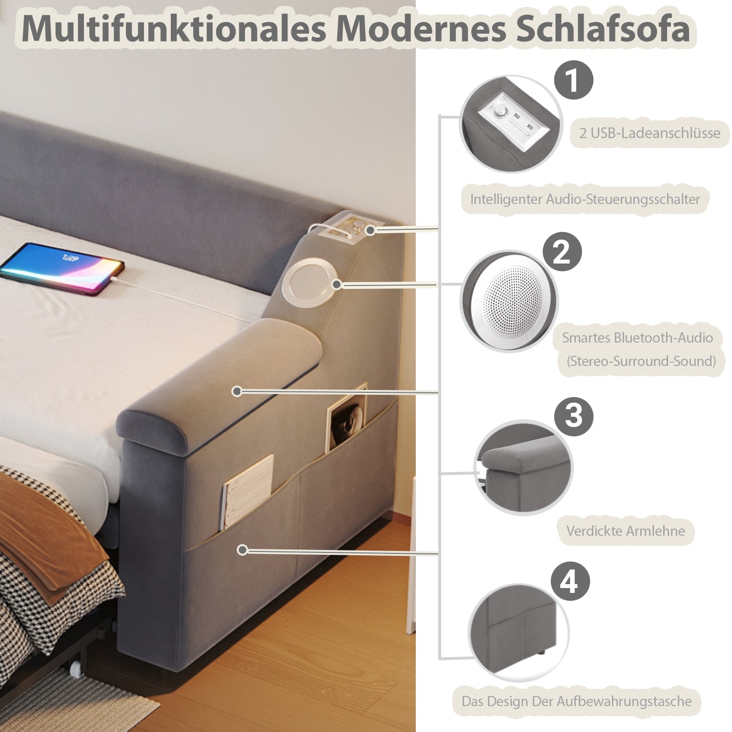 Upholstered Sofa Bed, 90/180*190cm Bluetooth Stereo USB Storage, Grey Velvet