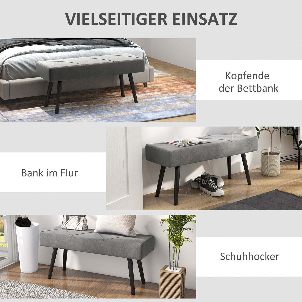 Upholstered Bench - Velvet Look, X-Pattern, 100x36x45 cm - Grey