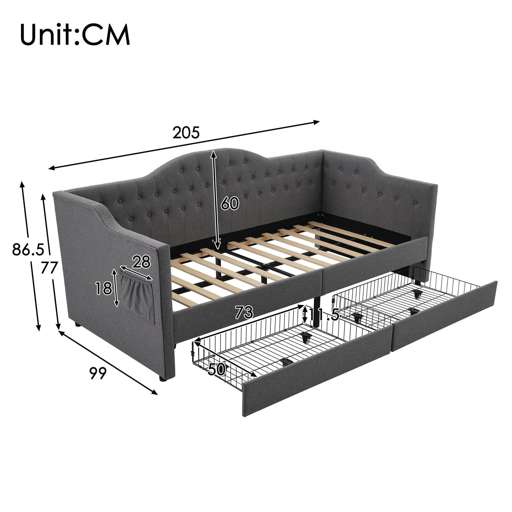 Upholstered Bed Daybed Sofa Bed with USB Type C & 2 Drawers, Grey Linen