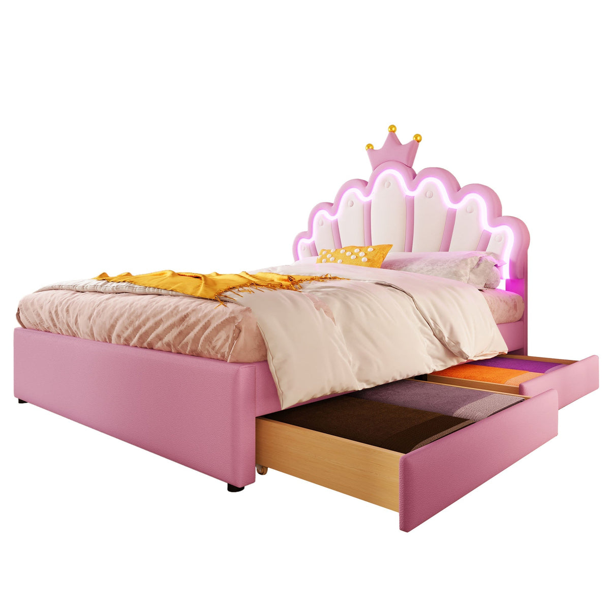 Princess Upholstered Bed 140x200cm Crown Shape LED 2 Drawers - PU Pink