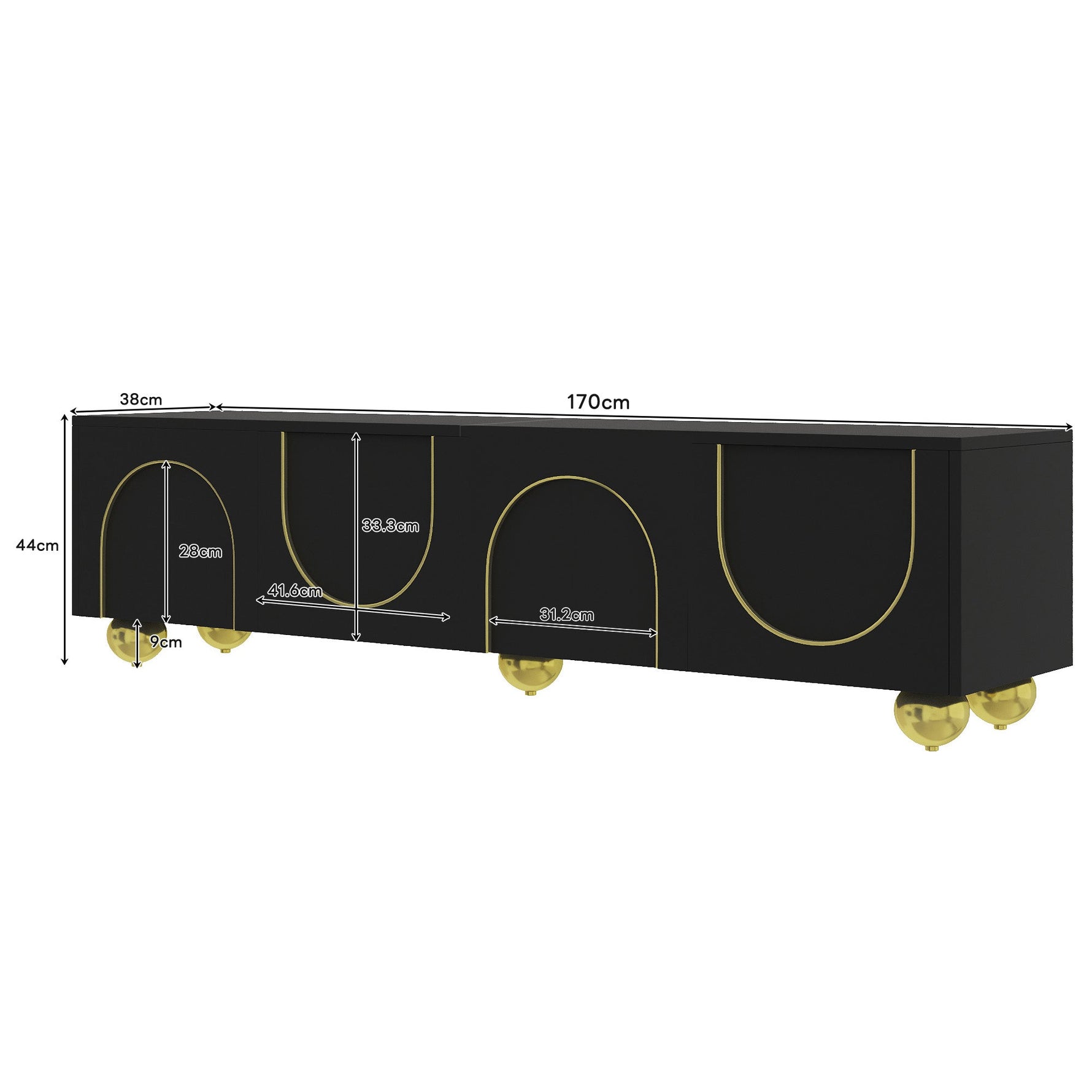 TV Cabinet Lowboard Textured Doors Shelves Push-to-Open - Gold Accents