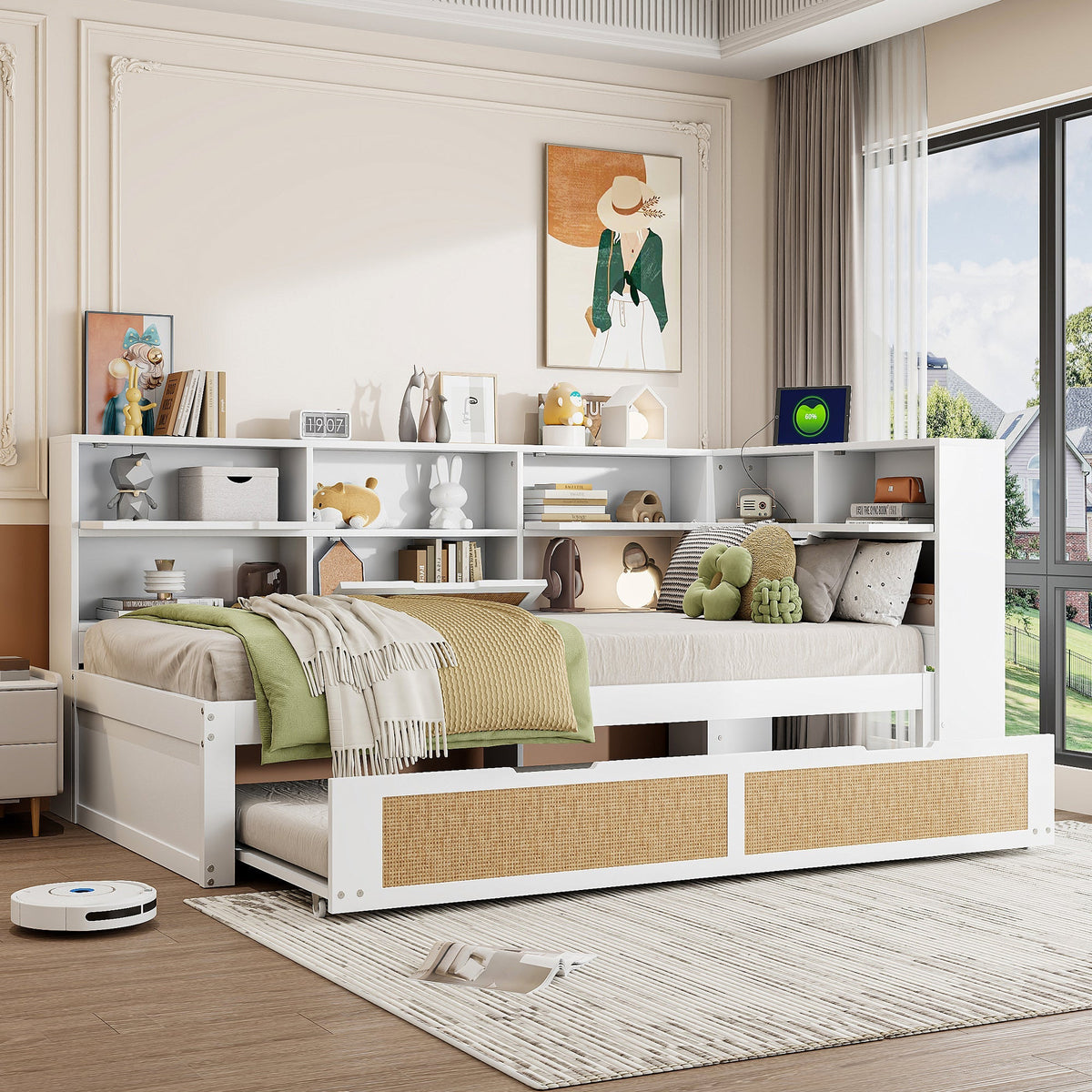 Sofa Bed, Wooden 90*200 Pull-out Multifunctional Single with Storage & Charging Port, White