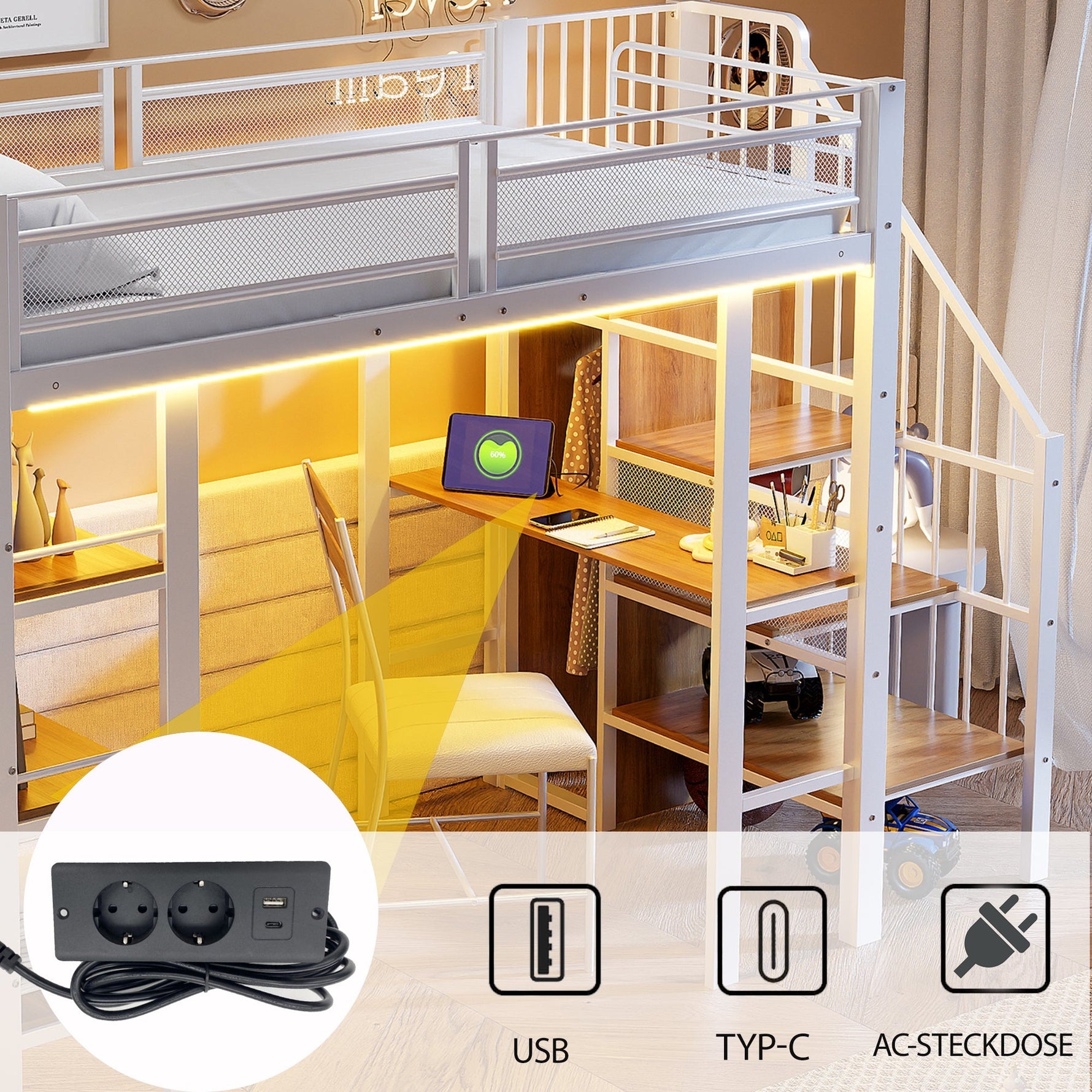 Loft Bed with LED Light Strip, Desk and Storage Shelves, White Metal