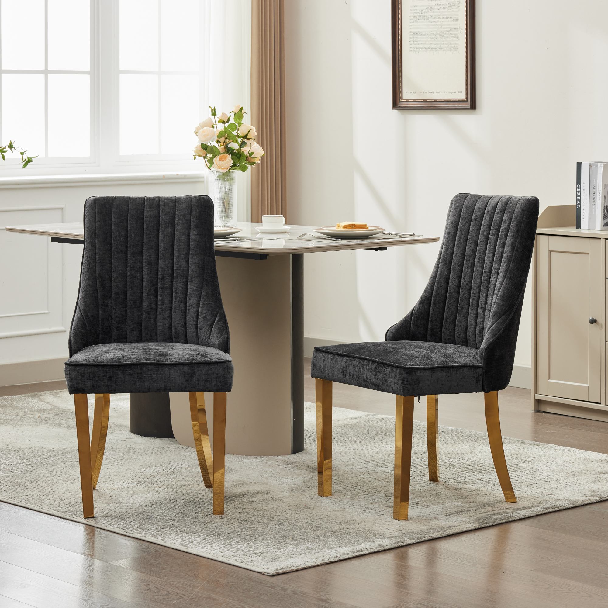 Dining Chairs, Set of 2 Accent Chair Golden Stainless Steel Legs, Chenille Black