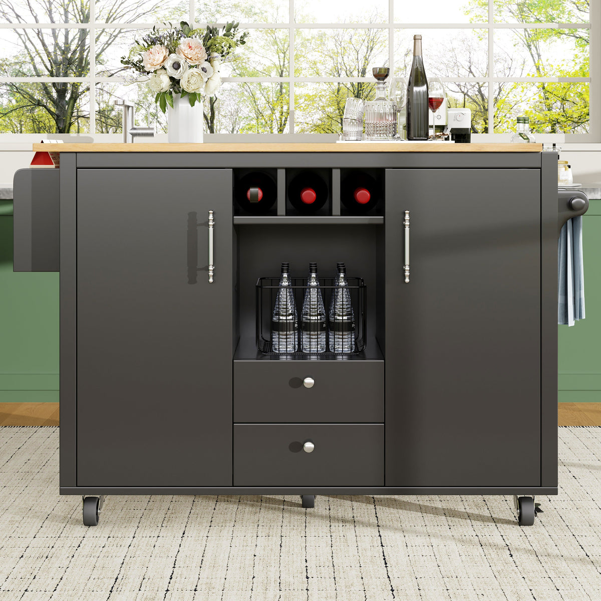Kitchen Island Trolley 120cm Folding Worktop Wine Rack Adjustable Shelves - White/Black