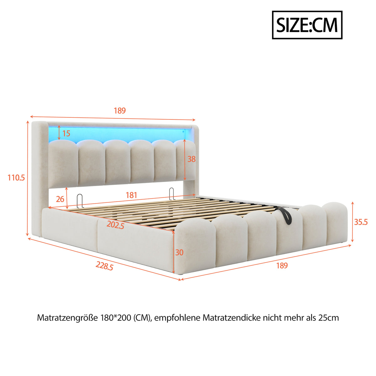 Upholstered Bed 180x200cm with Storage & LED, Beige Velvet