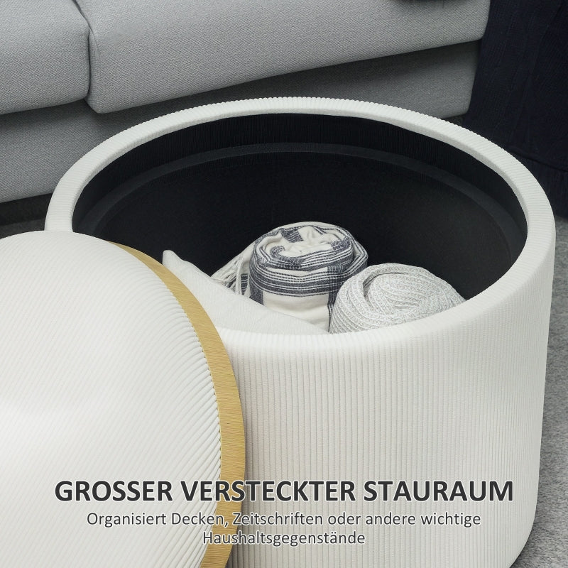 Storage Stool, Round Footstool Upholstered Coffee Table, Cream White