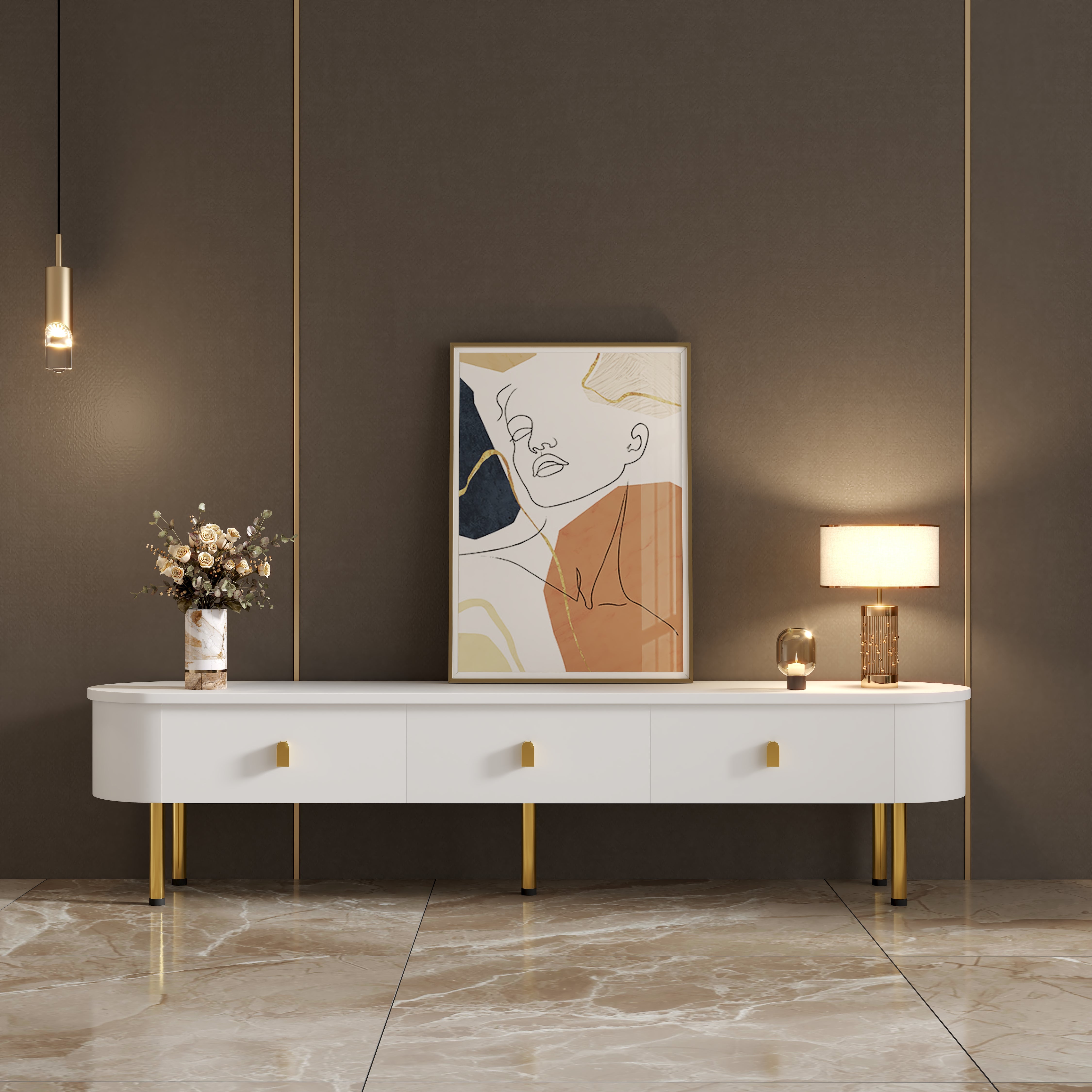 Lowboard TV Cabinet, Drawers with Golden Handles & Legs, Curved Corners
