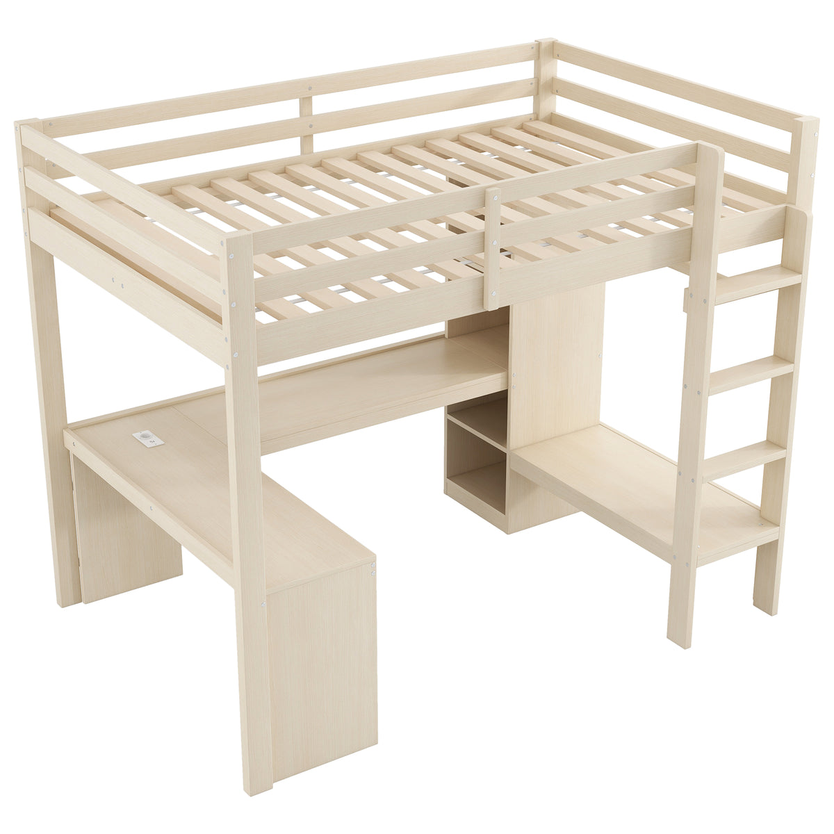 Loft Bed 140x200 with Desk, Shelves, LED & USB Port - Natural