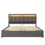 Upholstered Bed 180x200cm with Hydraulic Storage & LED, Grey Linen