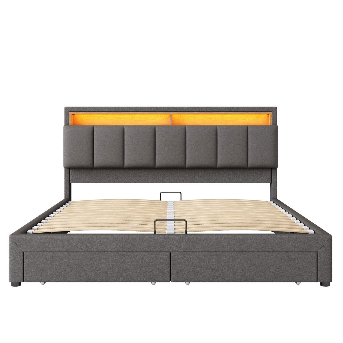 Upholstered Bed 180x200cm with Hydraulic Storage & LED, Grey Linen