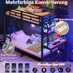 Bunk Bed 90x200 cm with Desk, Storage & LED Light, Black Iron Frame